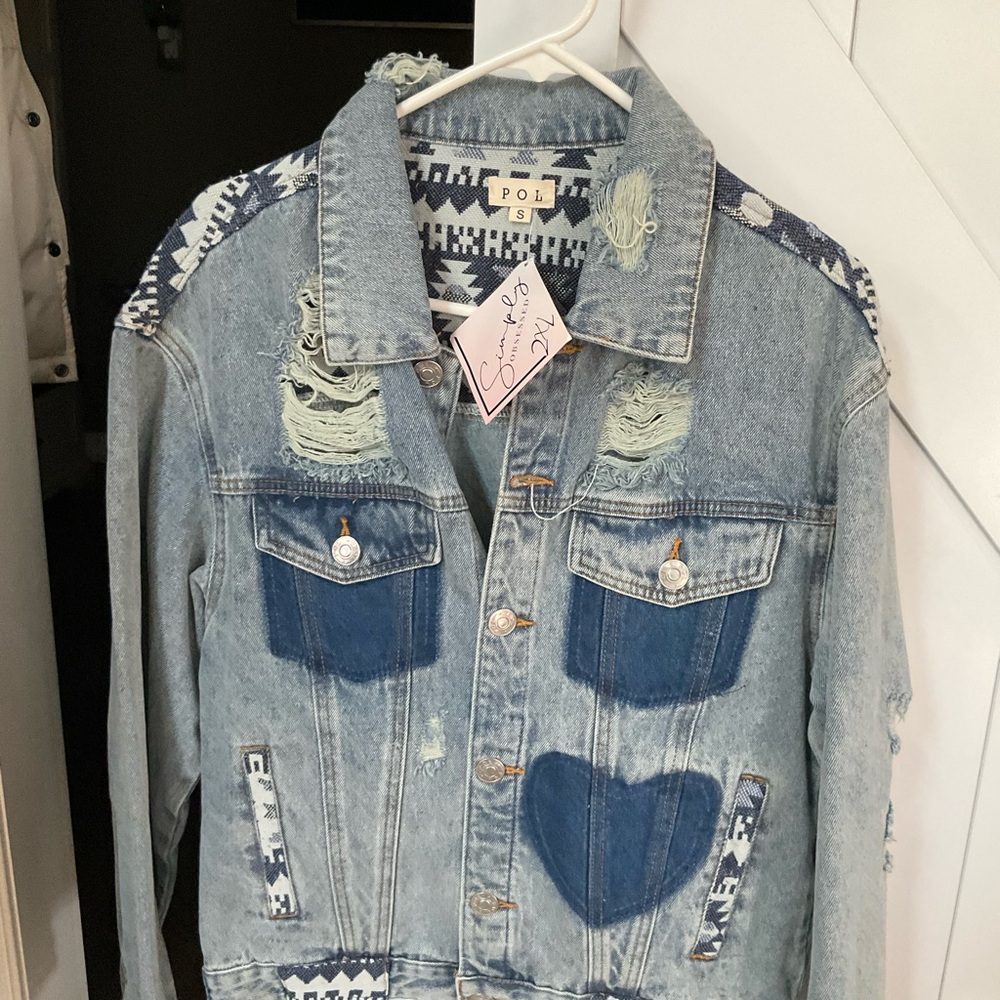 POI Distressed Denim Jacket with Blue Accents Small
